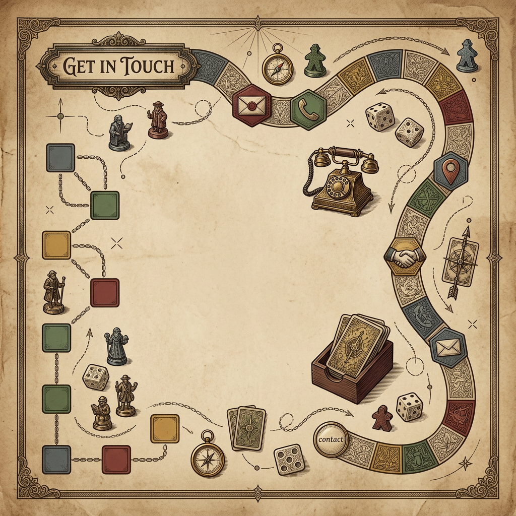 Board game frame with contact icons, game pieces, dice, and path squares
